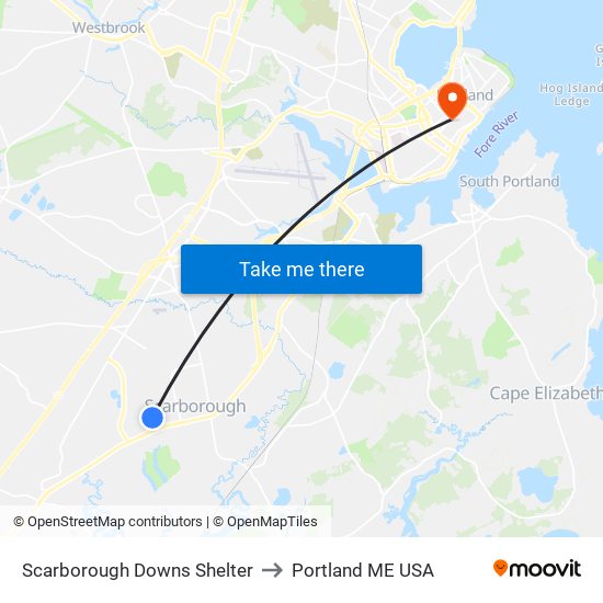 Scarborough Downs Shelter to Portland ME USA map