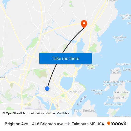 Brighton Ave + 416 Brighton Ave to Falmouth ME USA map