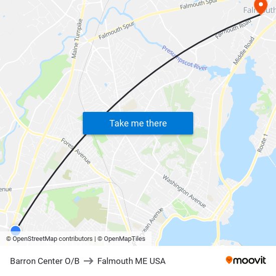 Barron Center O/B to Falmouth ME USA map