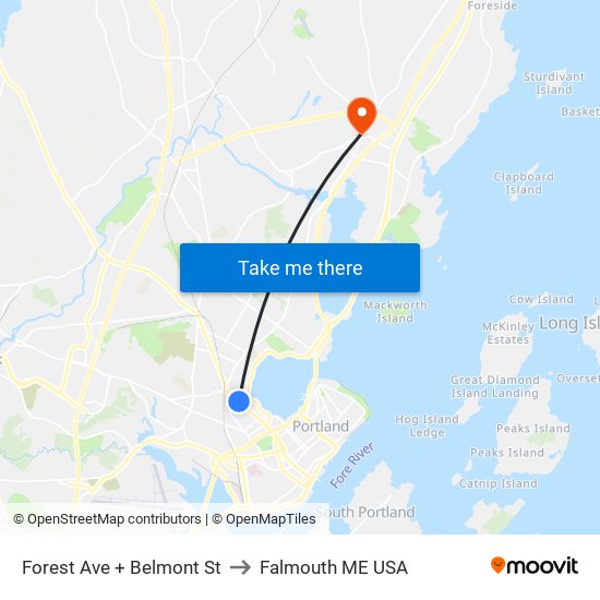 Forest Ave + Belmont St to Falmouth ME USA map