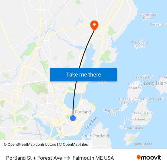 Portland St + Forest Ave to Falmouth ME USA map