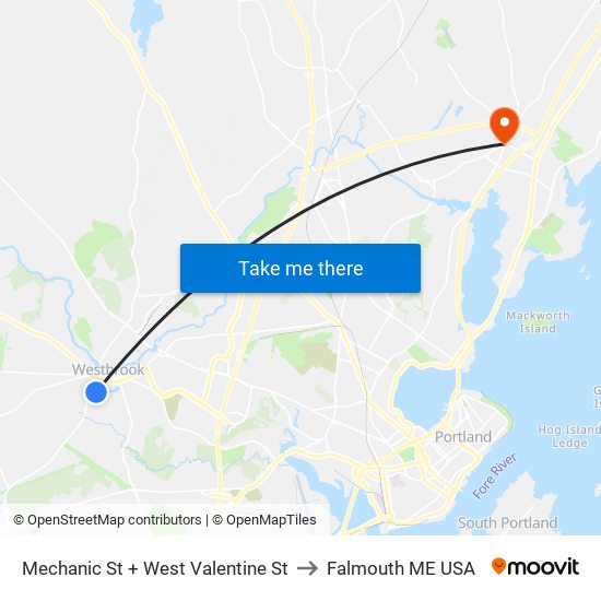 Mechanic St + West Valentine St to Falmouth ME USA map