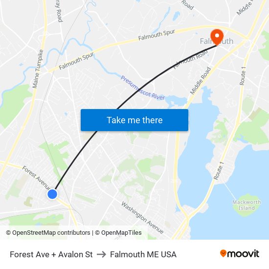 Forest Ave + Avalon St to Falmouth ME USA map