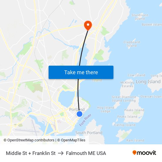 Middle St + Franklin St to Falmouth ME USA map
