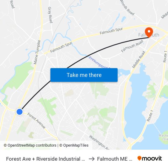 Forest Ave + Riverside Industrial Pwky to Falmouth ME USA map