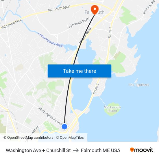 Washington Ave + Churchill St to Falmouth ME USA map