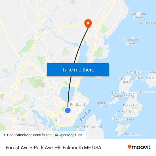 Forest Ave + Park Ave to Falmouth ME USA map