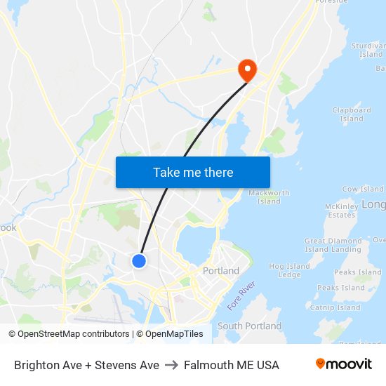 Brighton Ave + Stevens Ave to Falmouth ME USA map