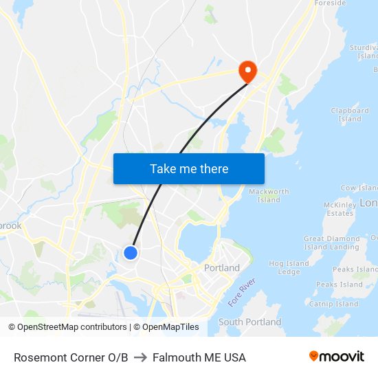 Rosemont Corner O/B to Falmouth ME USA map