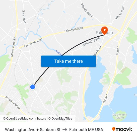 Washington Ave + Sanborn St to Falmouth ME USA map