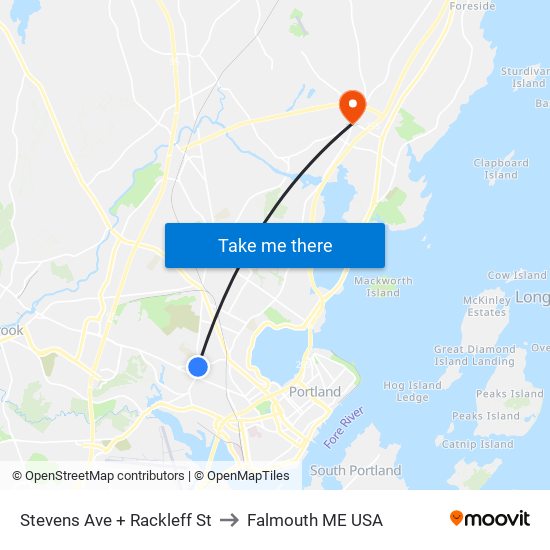 Stevens Ave + Rackleff St to Falmouth ME USA map