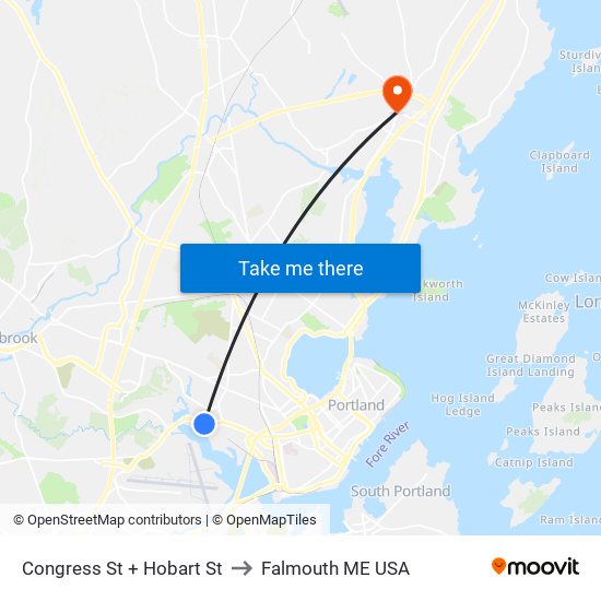 Congress St + Hobart St to Falmouth ME USA map