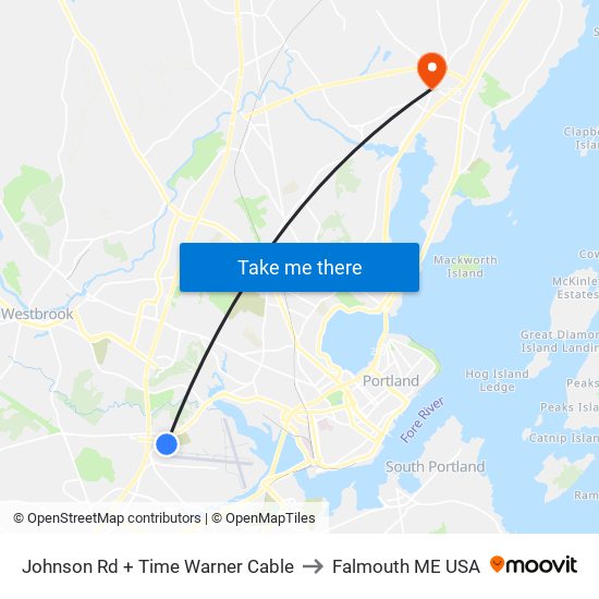 Johnson Rd + Time Warner Cable to Falmouth ME USA map