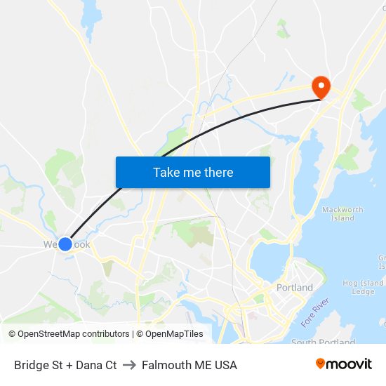 Bridge St + Dana Ct to Falmouth ME USA map
