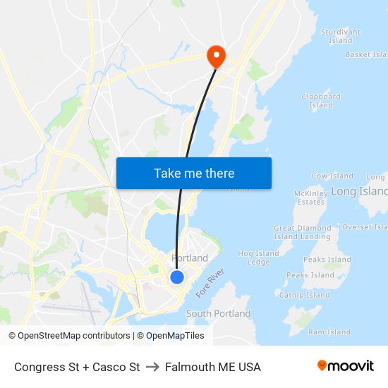 Congress St + Casco St to Falmouth ME USA map