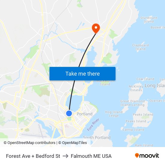 Forest Ave + Bedford St to Falmouth ME USA map