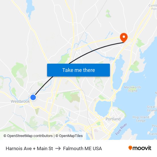 Harnois Ave + Main St to Falmouth ME USA map