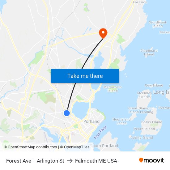 Forest Ave + Arlington St to Falmouth ME USA map