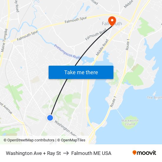 Washington Ave + Ray St to Falmouth ME USA map