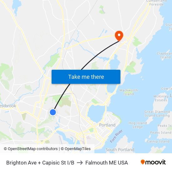 Brighton Ave + Capisic St I/B to Falmouth ME USA map