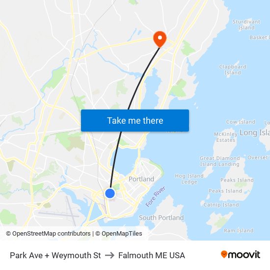 Park Ave + Weymouth St to Falmouth ME USA map