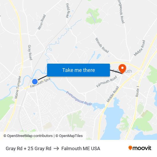 Gray Rd + 25 Gray Rd to Falmouth ME USA map