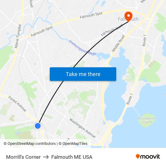 Morrill's Corner to Falmouth ME USA map