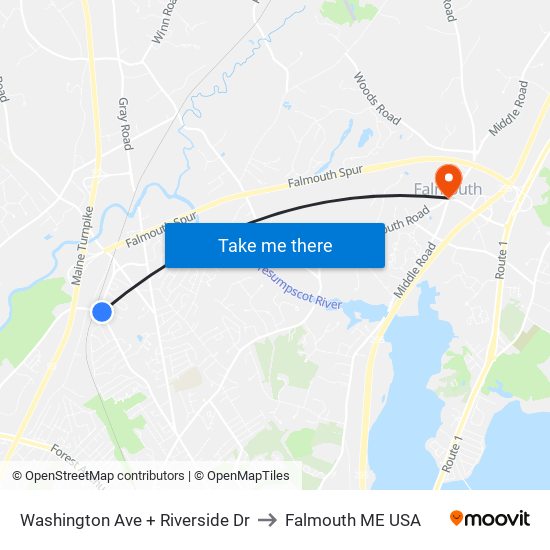 Washington Ave + Riverside Dr to Falmouth ME USA map