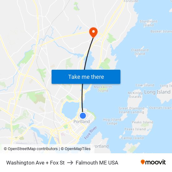 Washington Ave + Fox St to Falmouth ME USA map