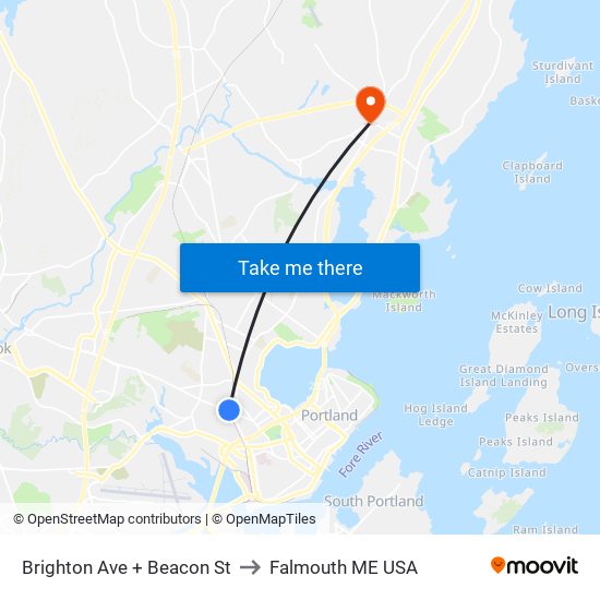 Brighton Ave + Beacon St to Falmouth ME USA map