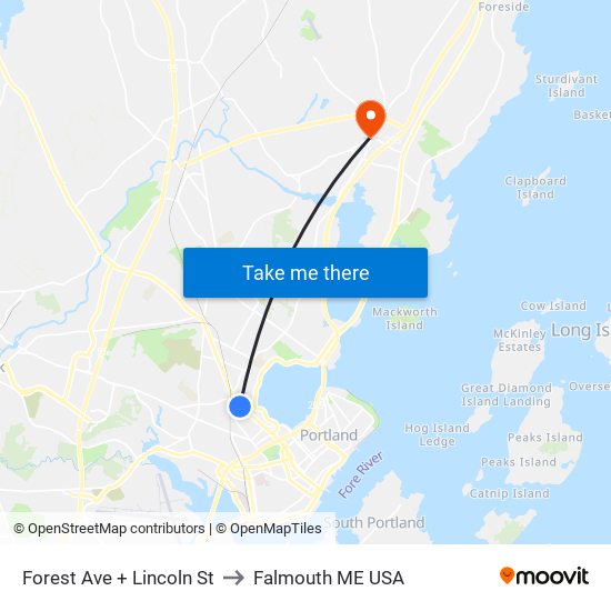 Forest Ave + Lincoln St to Falmouth ME USA map