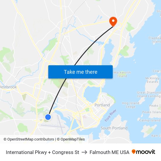 International Pkwy + Congress St to Falmouth ME USA map