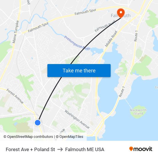 Forest Ave + Poland St to Falmouth ME USA map