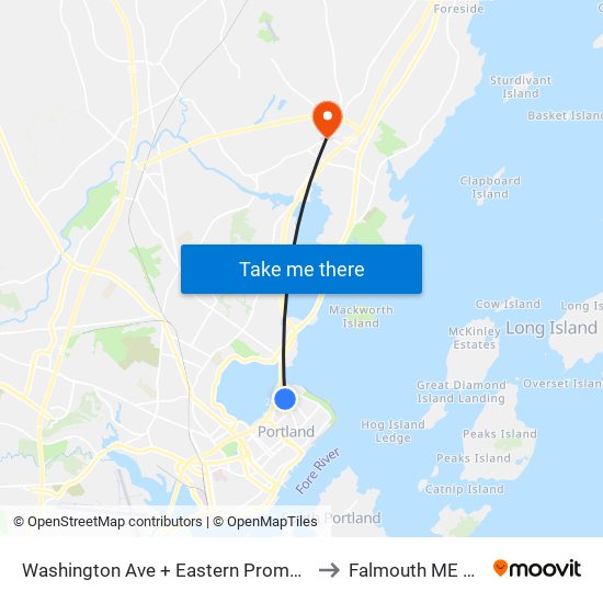 Washington Ave + Eastern Promenade to Falmouth ME USA map