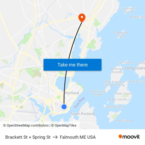 Brackett St + Spring St to Falmouth ME USA map
