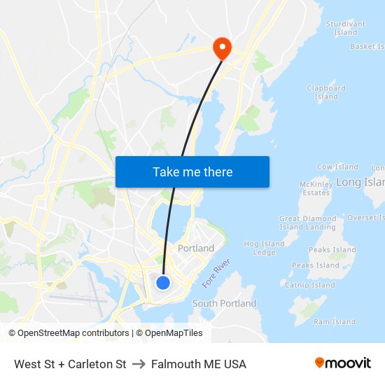 West St + Carleton St to Falmouth ME USA map