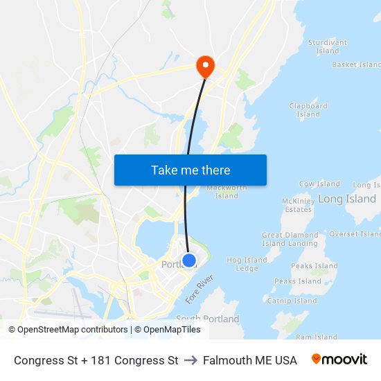 Congress St + 181 Congress St to Falmouth ME USA map