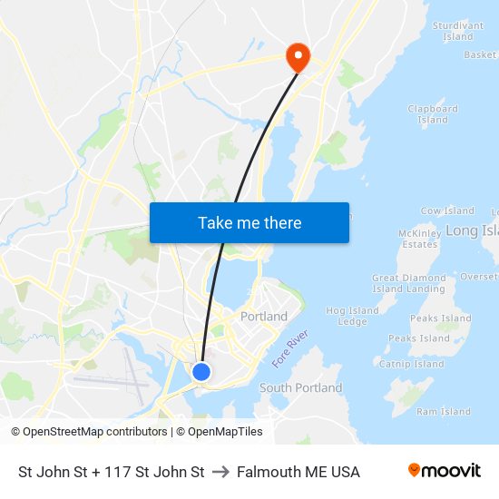 St John St + 117 St John St to Falmouth ME USA map