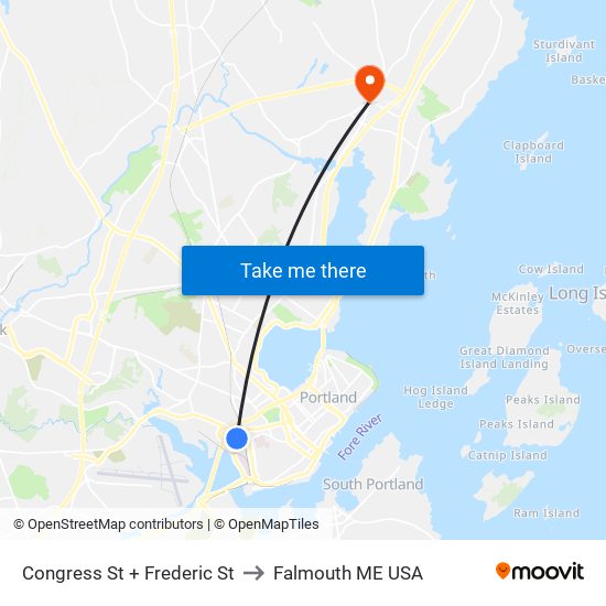 Congress St + Frederic St to Falmouth ME USA map