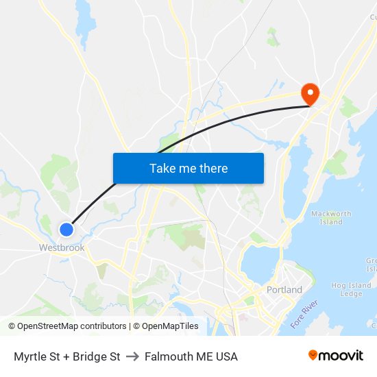 Myrtle St + Bridge St to Falmouth ME USA map