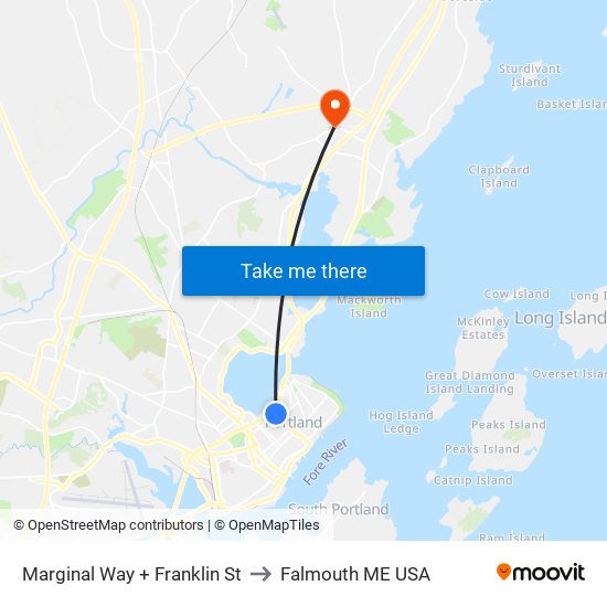 Marginal Way + Franklin St to Falmouth ME USA map