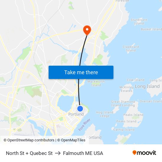 North St + Quebec St to Falmouth ME USA map