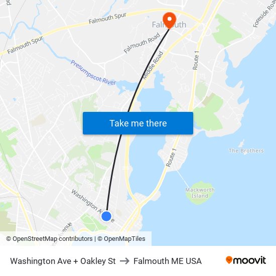 Washington Ave + Oakley St to Falmouth ME USA map