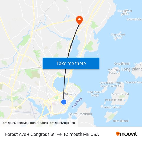 Forest Ave + Congress St to Falmouth ME USA map