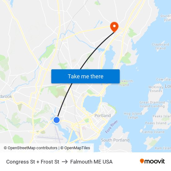 Congress St + Frost St to Falmouth ME USA map