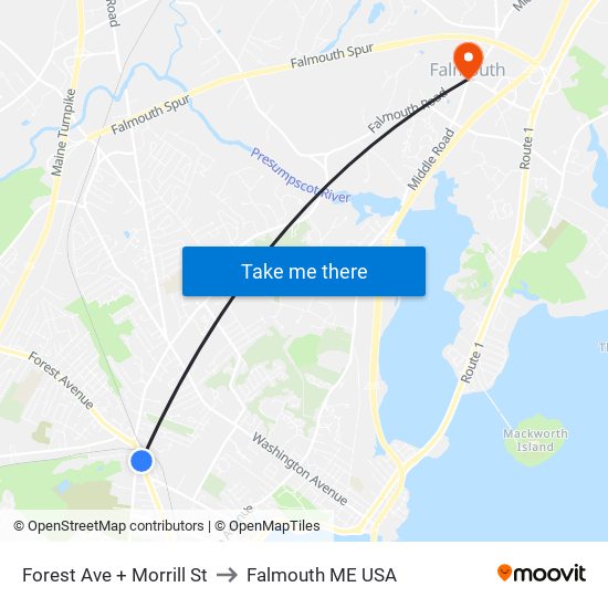 Forest Ave + Morrill St to Falmouth ME USA map