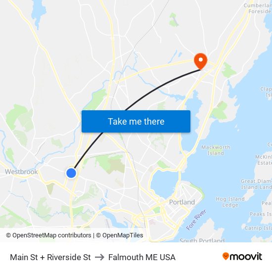 Main St + Riverside St to Falmouth ME USA map