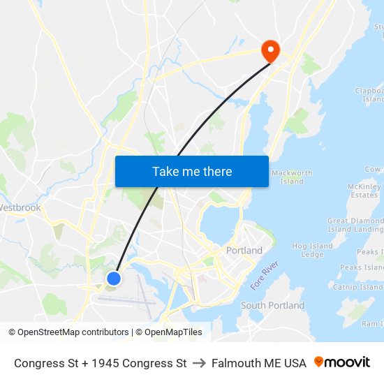 Congress St + 1945 Congress St to Falmouth ME USA map