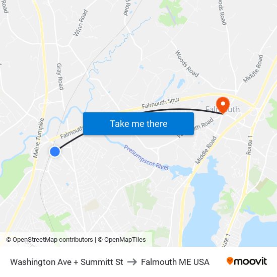 Washington Ave + Summitt St to Falmouth ME USA map