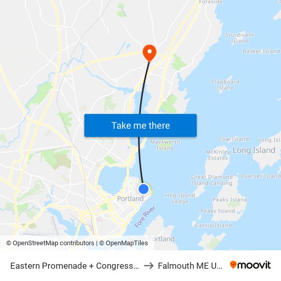 Eastern Promenade + Congress St to Falmouth ME USA map